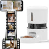 White pet feeder with a film strip showing various pets around it