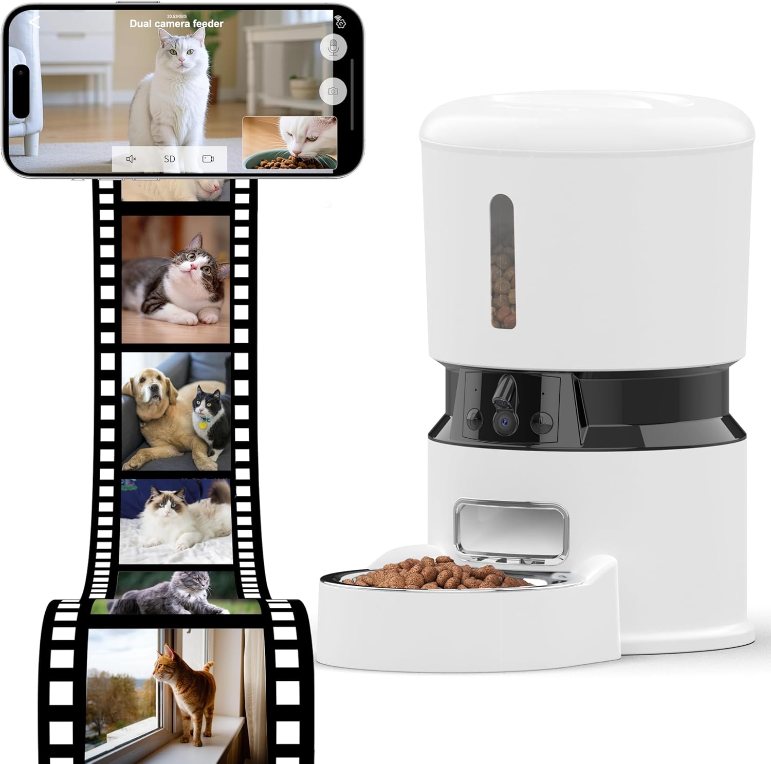 White pet feeder with a film strip showing various pets around it