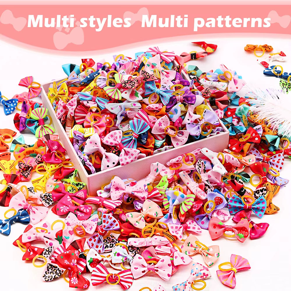 100PCS Dog Bows New Mixed Colors Puppy Bows Pet Dog Supplies with Rubber Bands Handmade Pet Grooming Accessories for Dogs