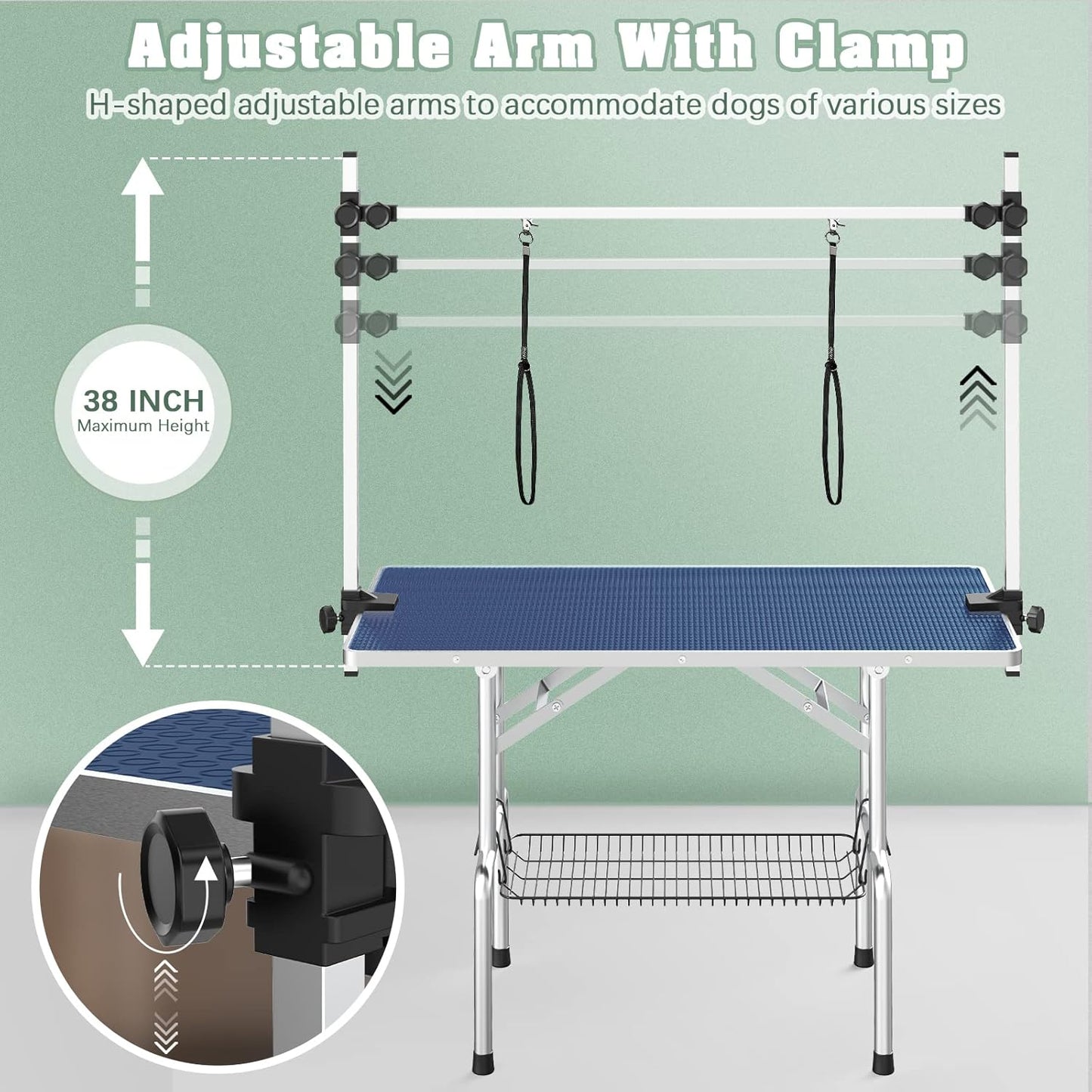 Premium 46'' Adjustable Dog Grooming Table for Large Breeds - Foldable Station with Arms, Noose & Mesh Tray, Supports Up to 300lbs - Stylish Blue Design