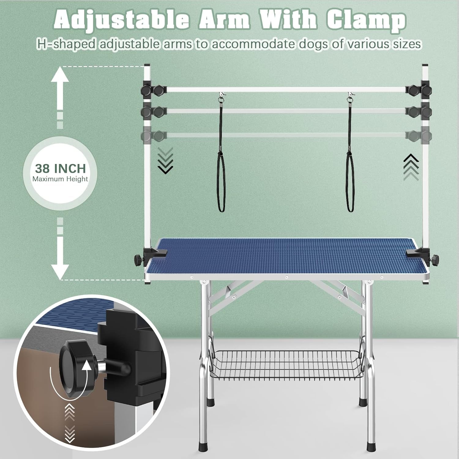 Premium 46'' Adjustable Dog Grooming Table for Large Breeds - Foldable Station with Arms, Noose & Mesh Tray, Supports Up to 300lbs - Stylish Blue Design