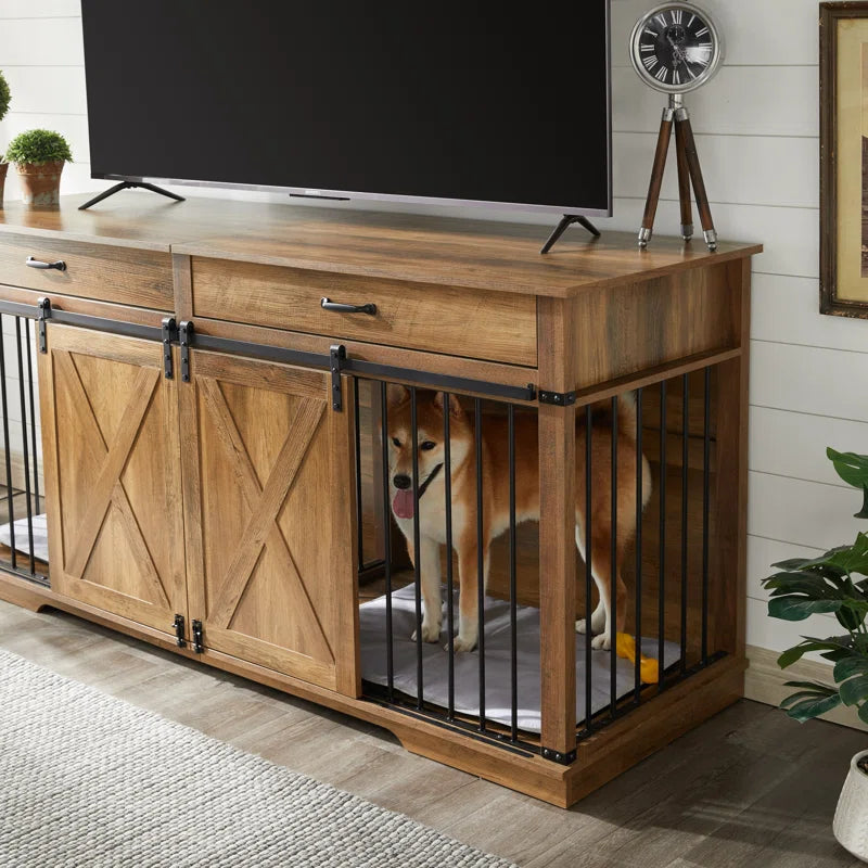 Barn Door Large Dog Crate Furniture with 2 Drawers and Divider