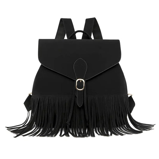 Black backpack with fringes on a white background