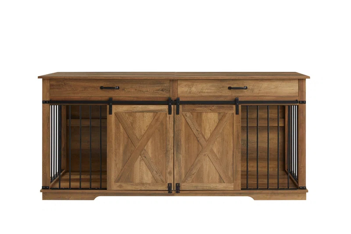 Barn Door Large Dog Crate Furniture with 2 Drawers and Divider