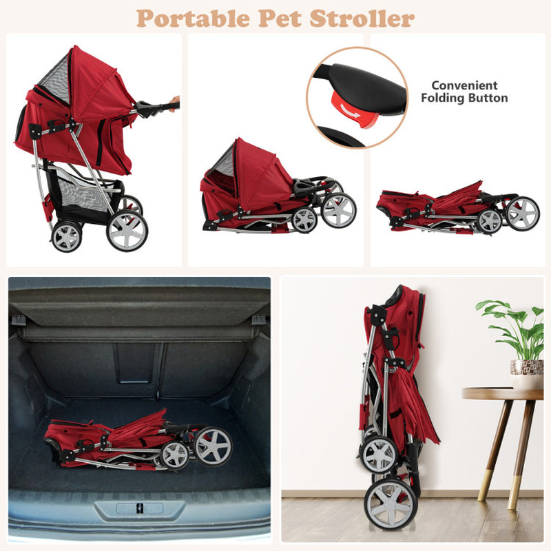 Folding Pet Stroller with Storage Basket and Adjustable Canopy