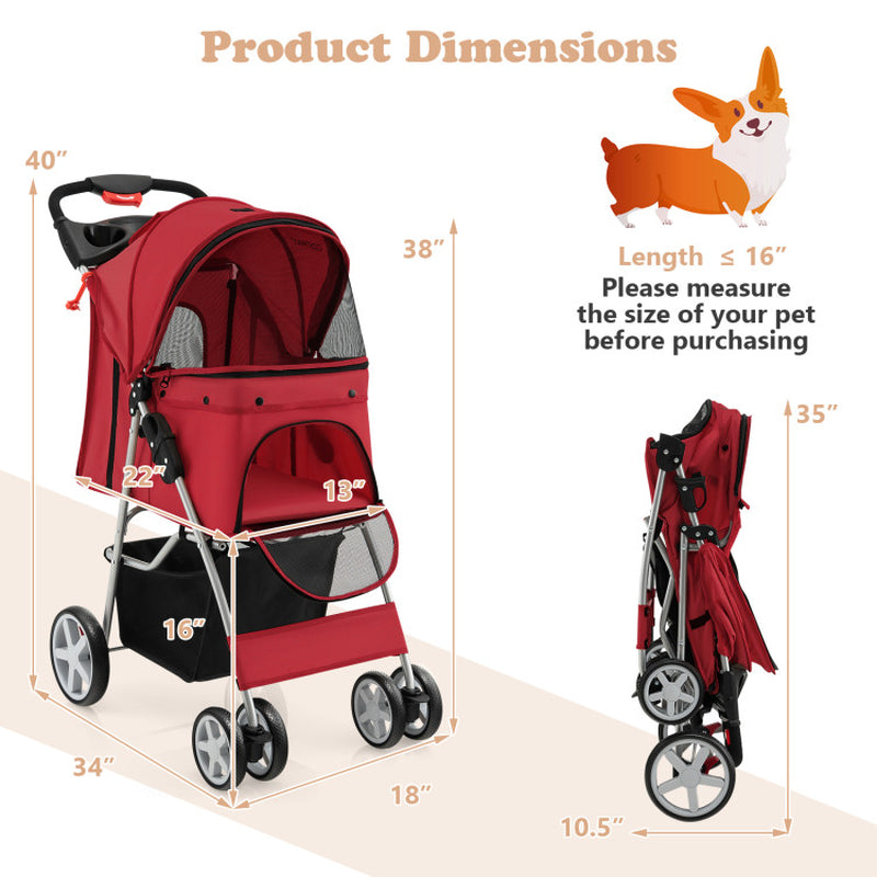Folding Pet Stroller with Storage Basket and Adjustable Canopy