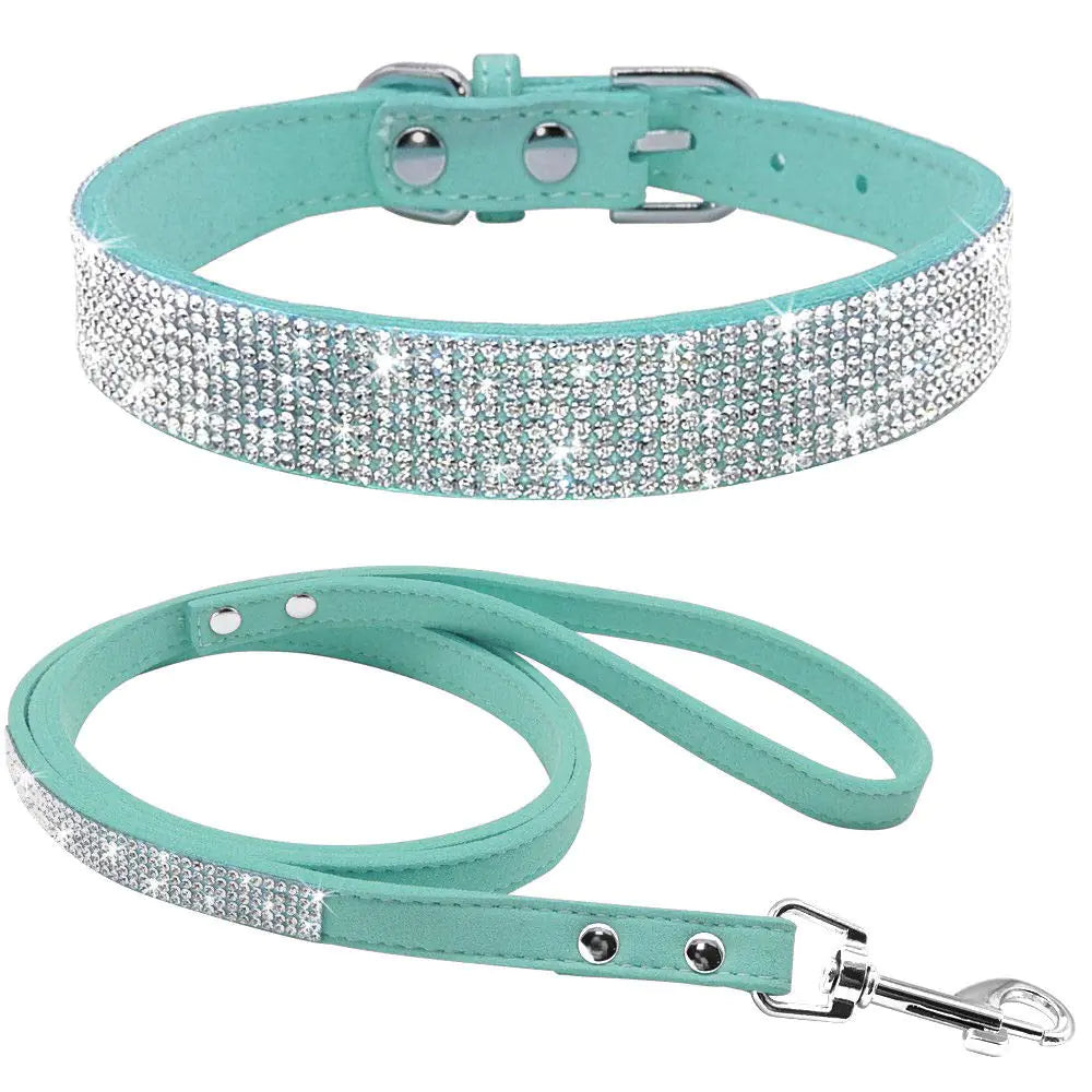 Bbmmayy Rhinestone Bling Leather Dog Collar and Leash Set Cute Dazzling Sparkling Soft Velvet Dog Cat Collar Crystal Diamond Puppy Collar (M Light Blue1)