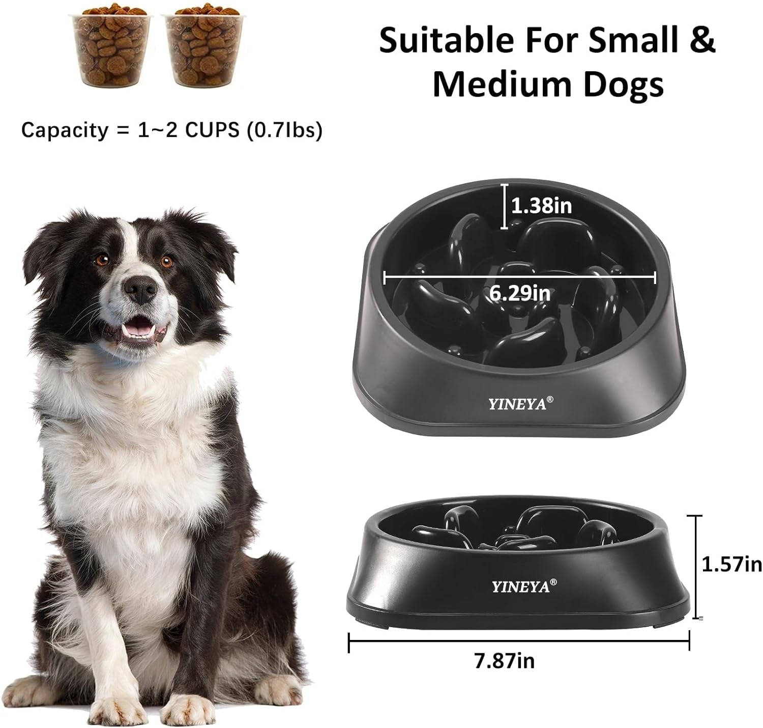 Interactive Slow Feeder Bowl for Dogs and Cats - 1 to 2 Cups Capacity (Black)
