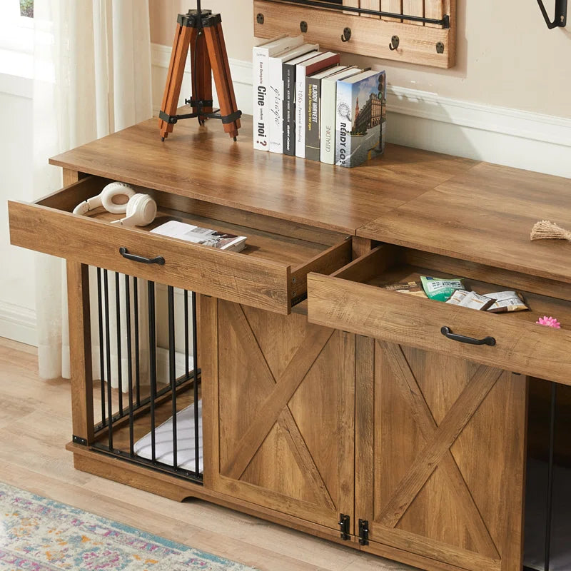 Barn Door Large Dog Crate Furniture with 2 Drawers and Divider