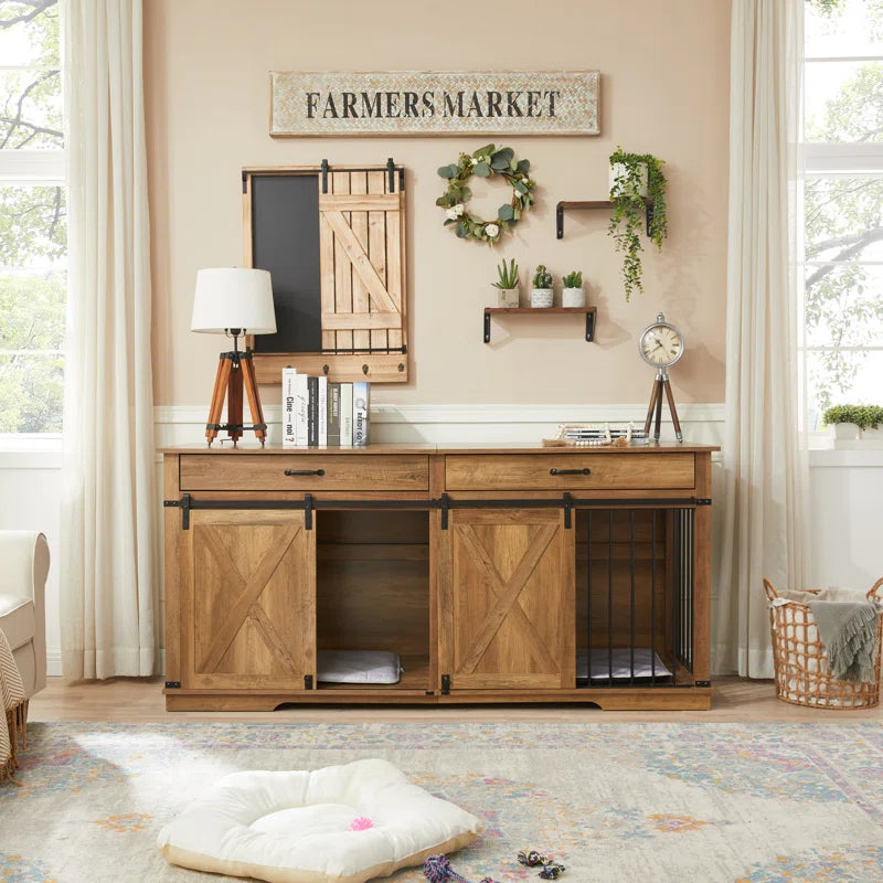 Barn Door Large Dog Crate Furniture with 2 Drawers and Divider