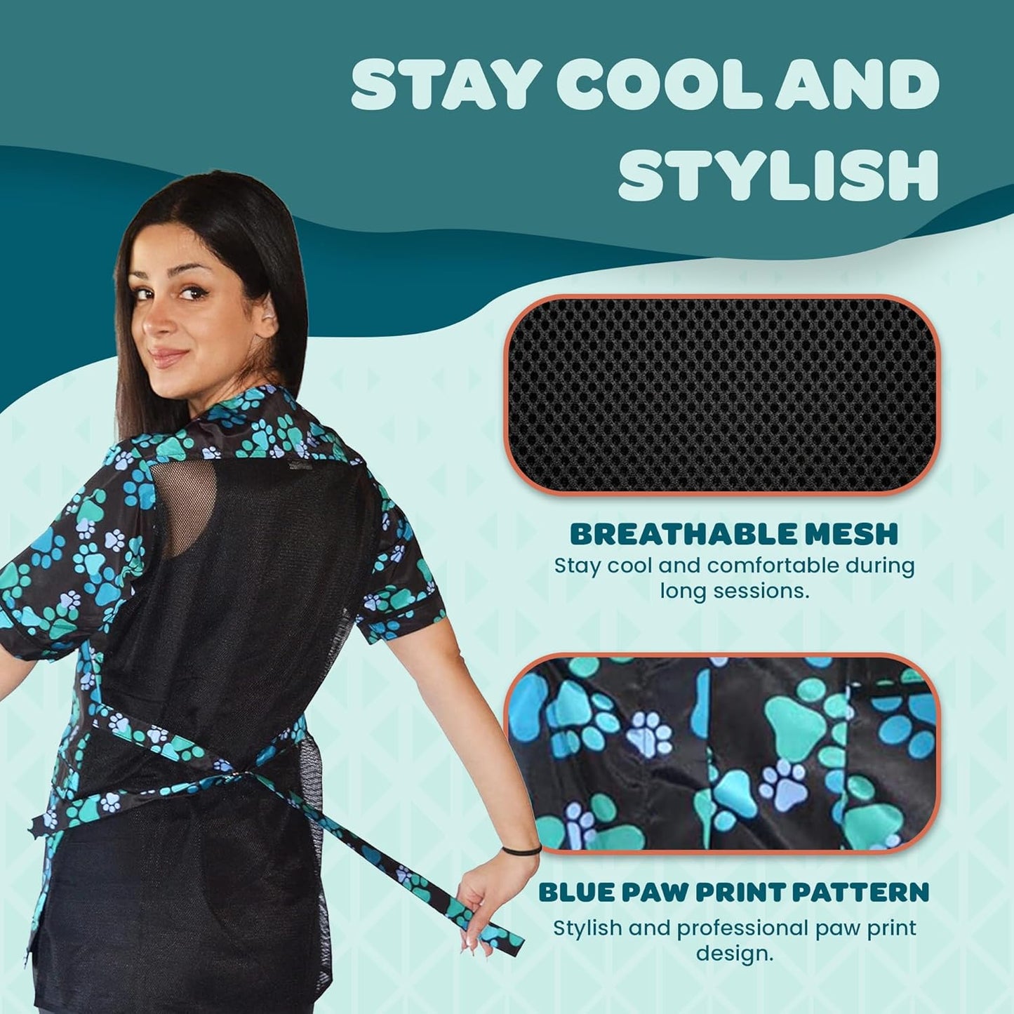 Blue Paw Print Dog Grooming Smocks for Women - Pet Groomers Jacket with Zipper Panel, Mesh Back, & Back Tie
