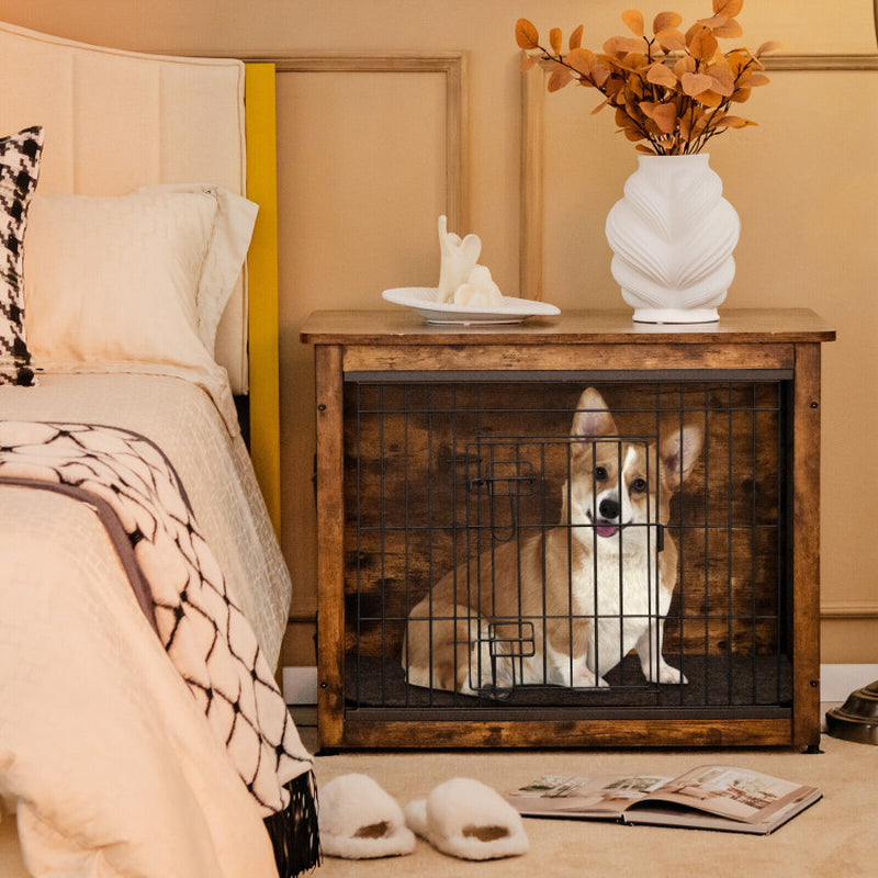 Wooden Dog Crate Furniture with Double Door and Tray