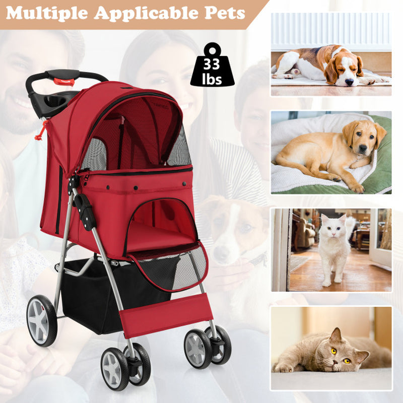 Folding Pet Stroller with Storage Basket and Adjustable Canopy
