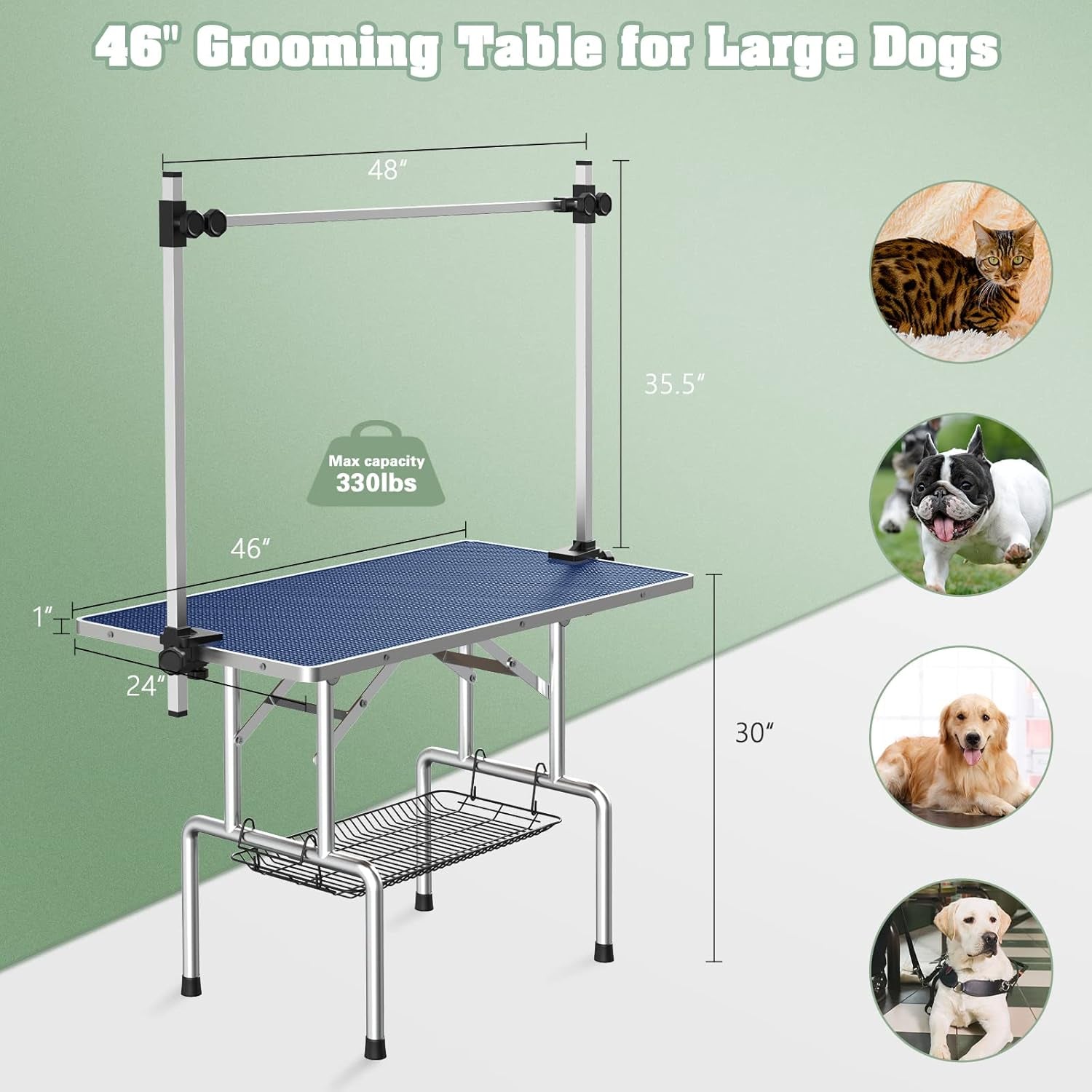 Premium 46'' Adjustable Dog Grooming Table for Large Breeds - Foldable Station with Arms, Noose & Mesh Tray, Supports Up to 300lbs - Stylish Blue Design