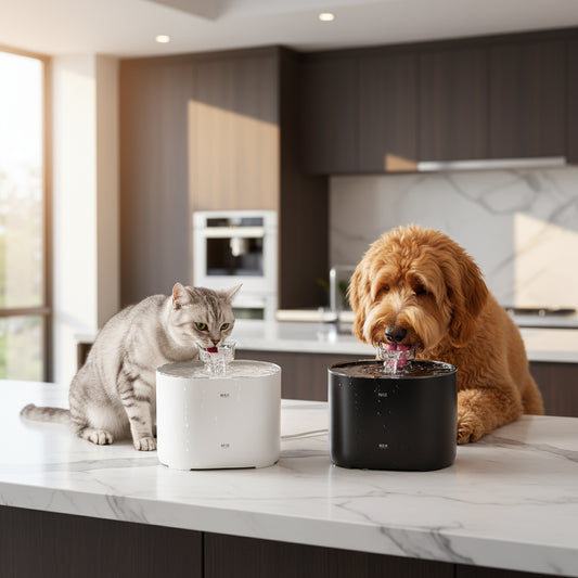 Two pet water fountains, one black and one silver, on a green background.