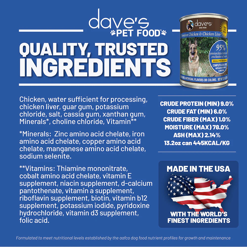 Dave's 95% Premium Meats Chicken & Chicken Liver For Dogs (12.5oz)