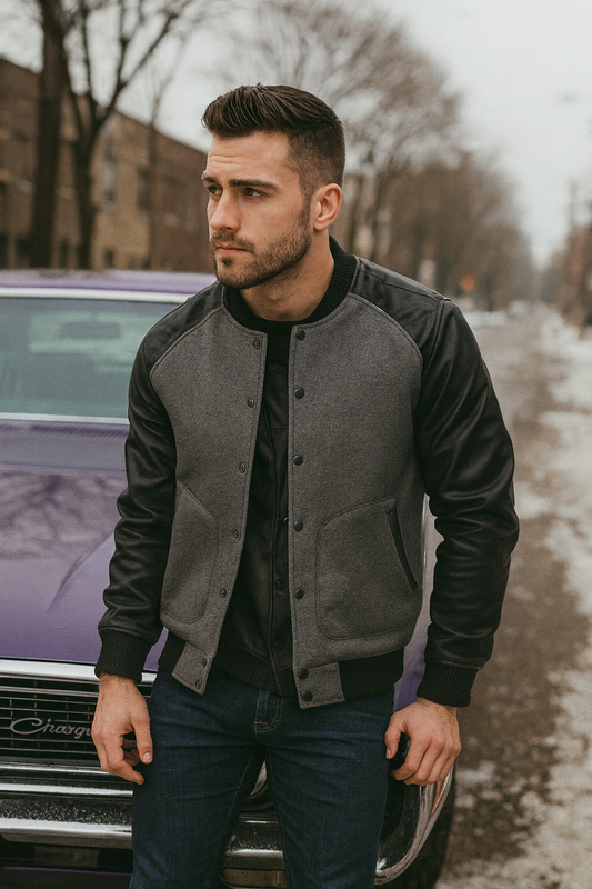 Men's Casual Leather Jacket With Standing Collar