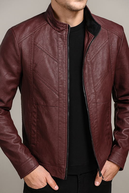 Thin Men's Stand Collar Striped Pu Leather Jacket Large Size