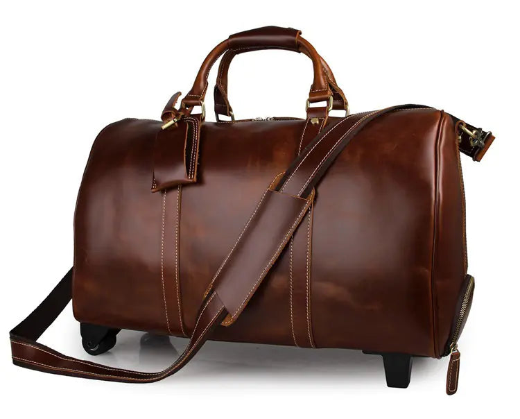 Durable Vintage Leather Men's Rolling Luggage Bag