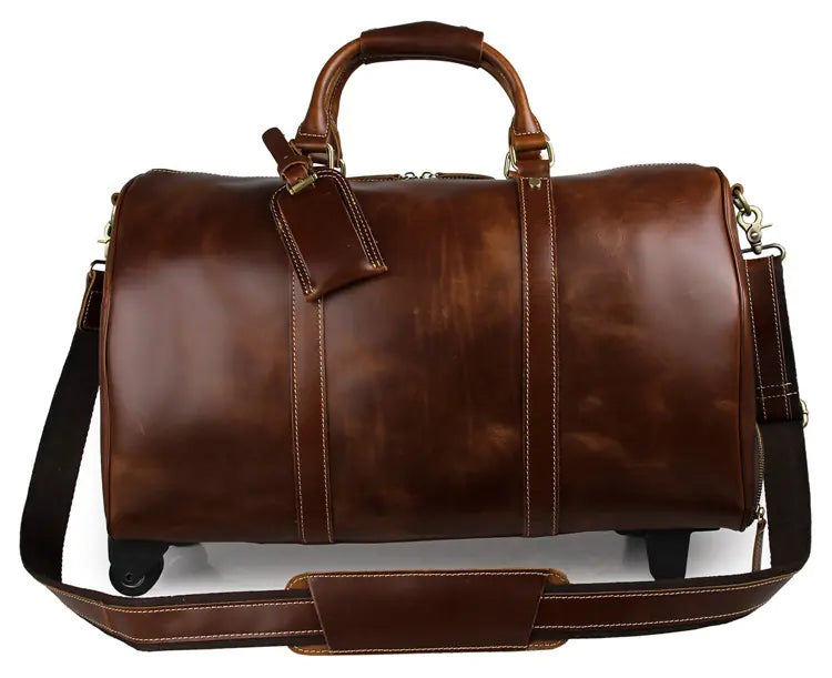 Durable Vintage Leather Men's Rolling Luggage Bag