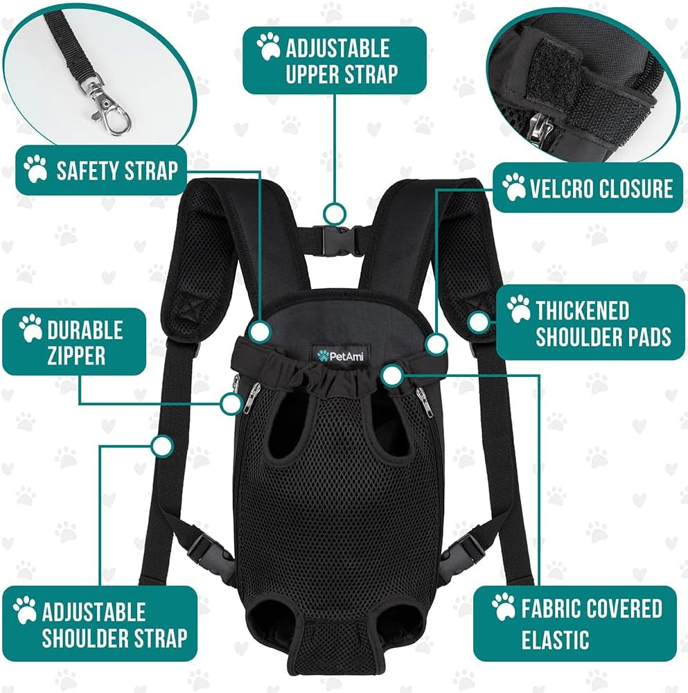 Comfortable Adjustable Dog Carrier Backpack - Ventilated Front Chest Pack for Hiking & Travel, Perfect for Small Dogs & Cats (5-9 lbs) - Stylish Black Design
