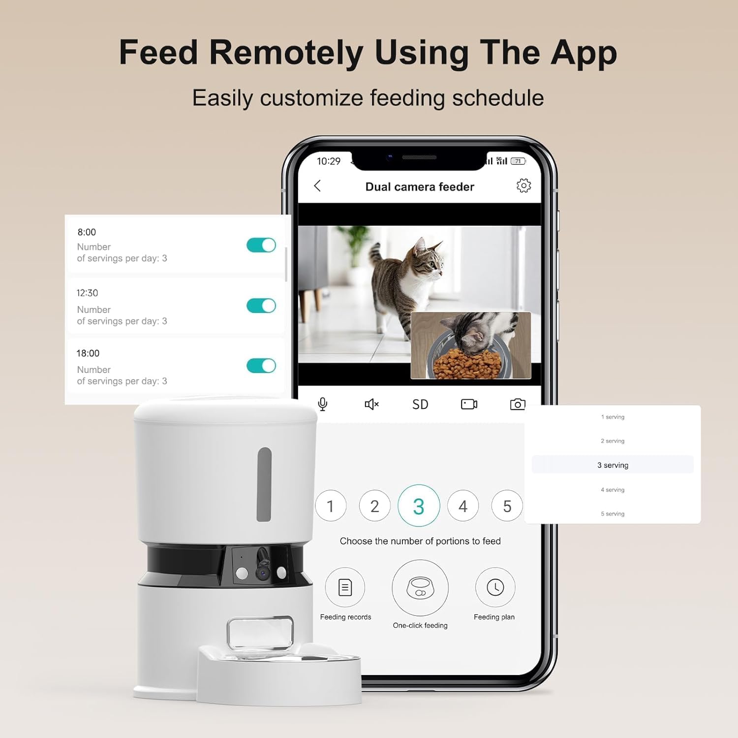 Pet feeder with smartphone app interface showing feeding schedule and camera feed of a cat.