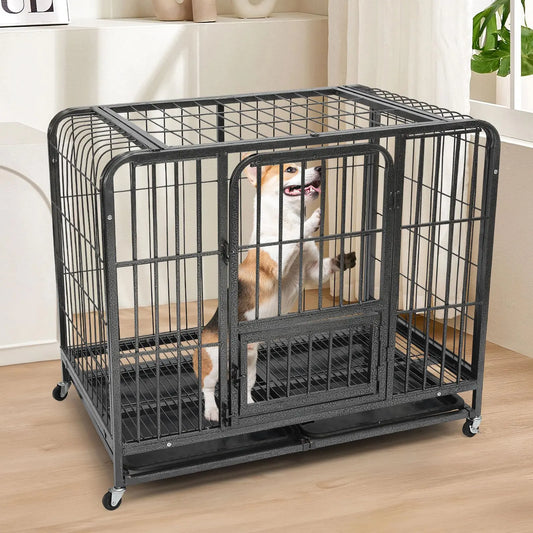 30 inch Dog Crate Metal Dog Crate Heavy Duty Wire Dog Cage for Small Dogs Indoor Double Door Training Dog Crate Removable Cleaning Tray 2 Lockable Wheels