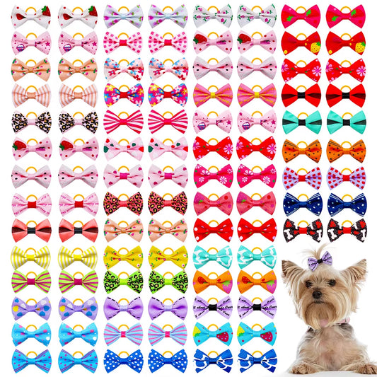 100PCS Dog Bows New Mixed Colors Puppy Bows Pet Dog Supplies with Rubber Bands Handmade Pet Grooming Accessories for Dogs