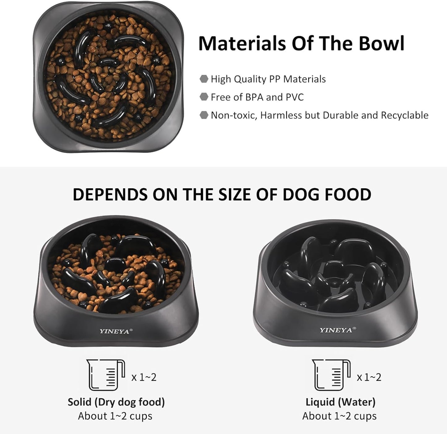 Interactive Slow Feeder Bowl for Dogs and Cats - 1 to 2 Cups Capacity (Black)