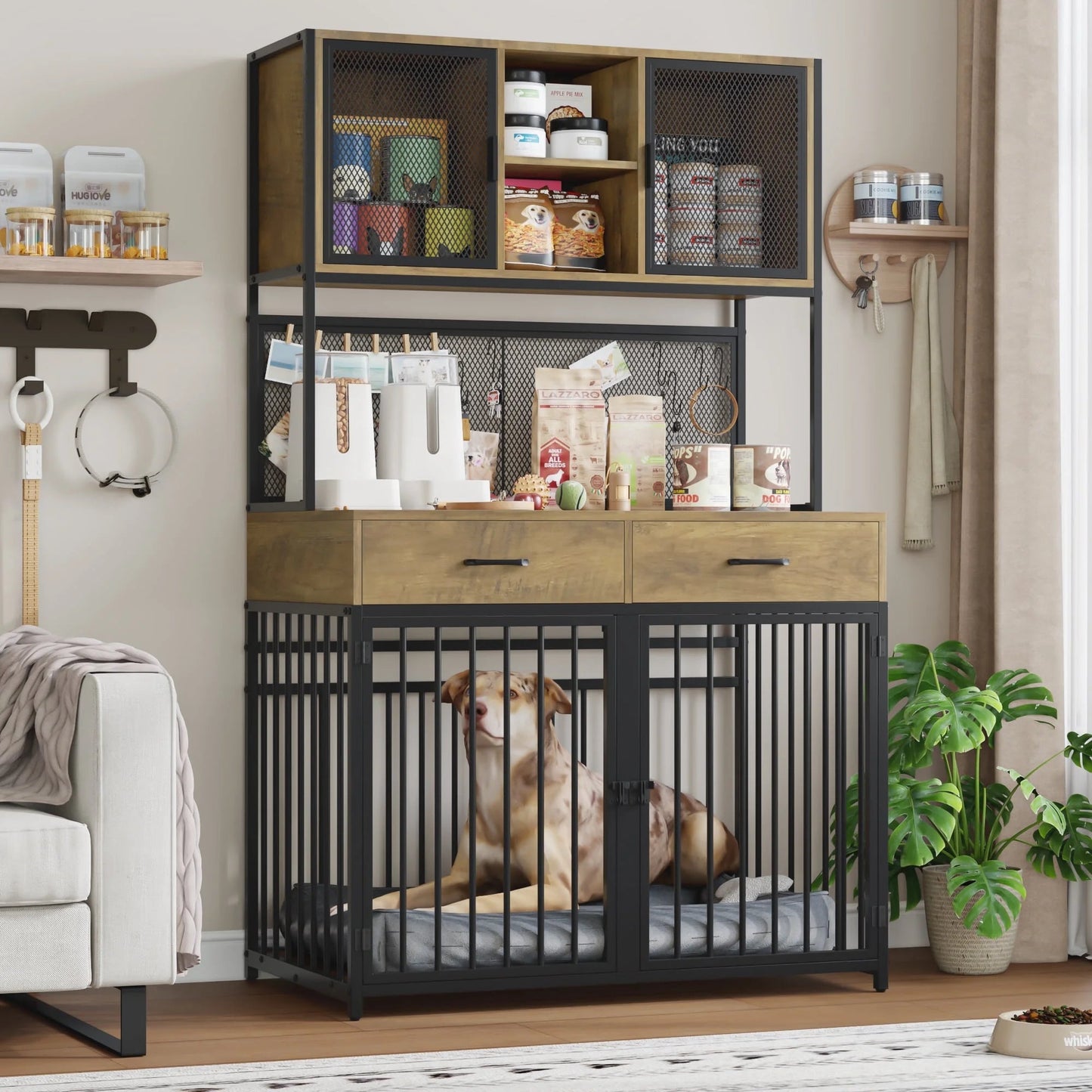 71" Tall Dog Crates Furniture, Indoor Dogs Kennel Furniture with Hutch, 42"W Dog Cage Furniture for Large/Medium Dogs, Decorative Sturdy Pet House, Rustic Brown