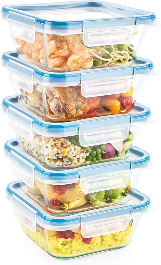 Total Solutions (5-Pack, 4 Cup) Glass Food Storage Containers Set, Airtight & Leakproof Locking Bpa-Free Lids, Freezer Dishwasher Microwave Safe