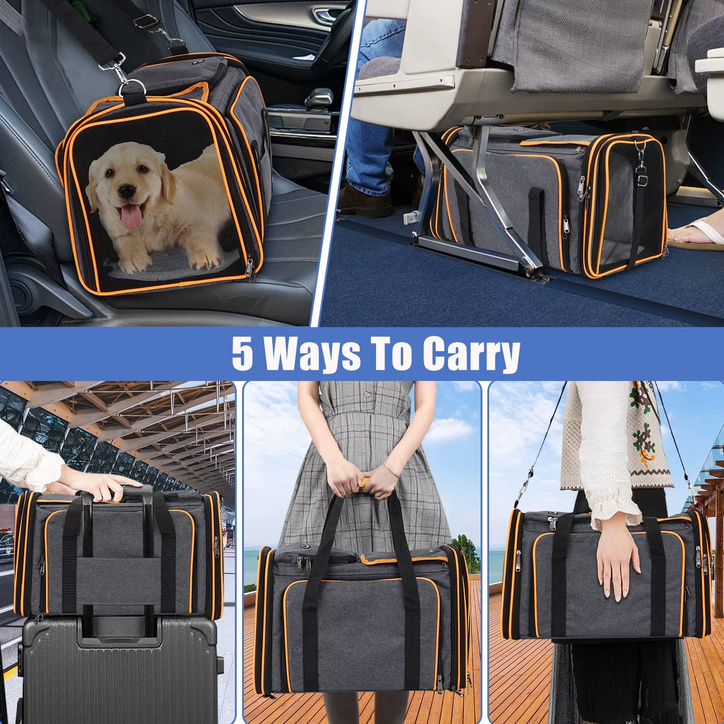 Airline Approved Expandable Soft-Sided Pet Carrier with Removable Fleece Pad and Pockets, for Cats/Puppy Travel Pet Carriers