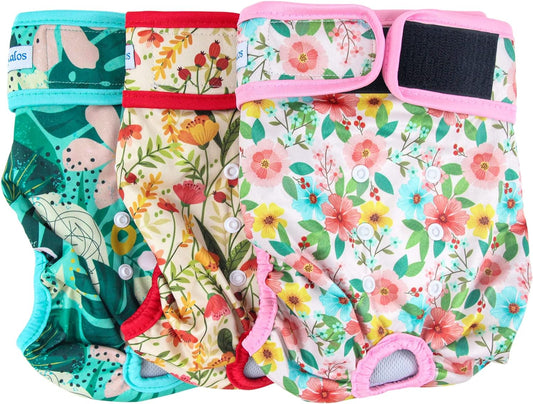Reusable Washable Dog Diapers Female (3 Pack) - Highly Absorbent Doggie Diapers - Size Adjustable Puppy Diapers for Dog Period Panties (Small, Flora)