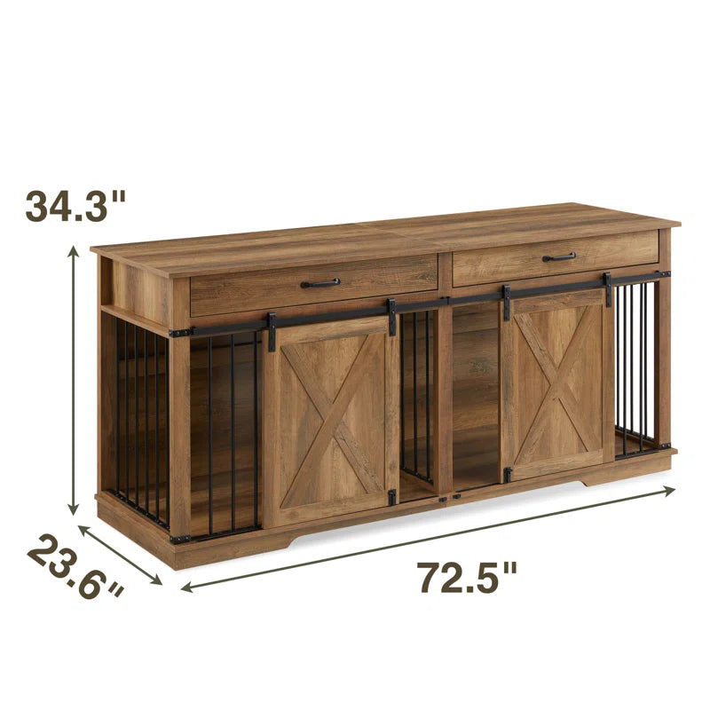 Barn Door Large Dog Crate Furniture with 2 Drawers and Divider