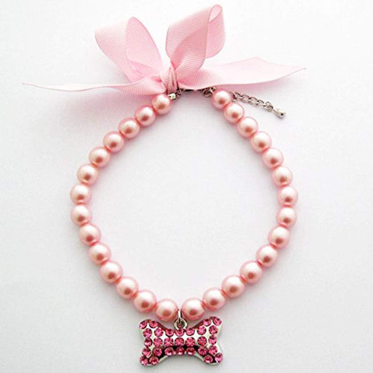 Sparkle and Shine! ✨💖 Fancy Pearls Crystal Dog Necklace with Bling Rhinestones & Big Bone Charm - Perfect for Your Stylish Teacup Chihuahua or Yorkie! 🐾🎀 (Pink, 8 to 10-Inch)