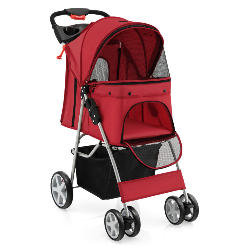 Folding Pet Stroller with Storage Basket and Adjustable Canopy