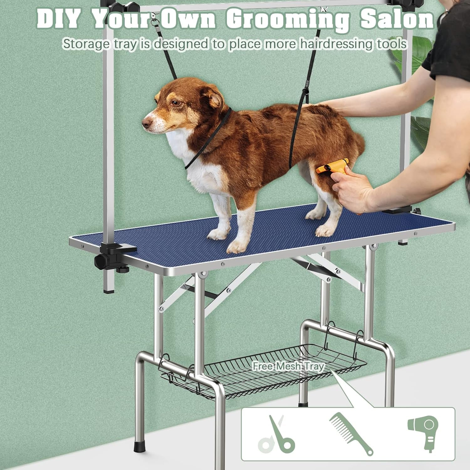 Premium 46'' Adjustable Dog Grooming Table for Large Breeds - Foldable Station with Arms, Noose & Mesh Tray, Supports Up to 300lbs - Stylish Blue Design