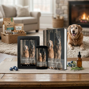 Dog sitting on a rug in a living room with books, tablet, and bottle of oil displayed.