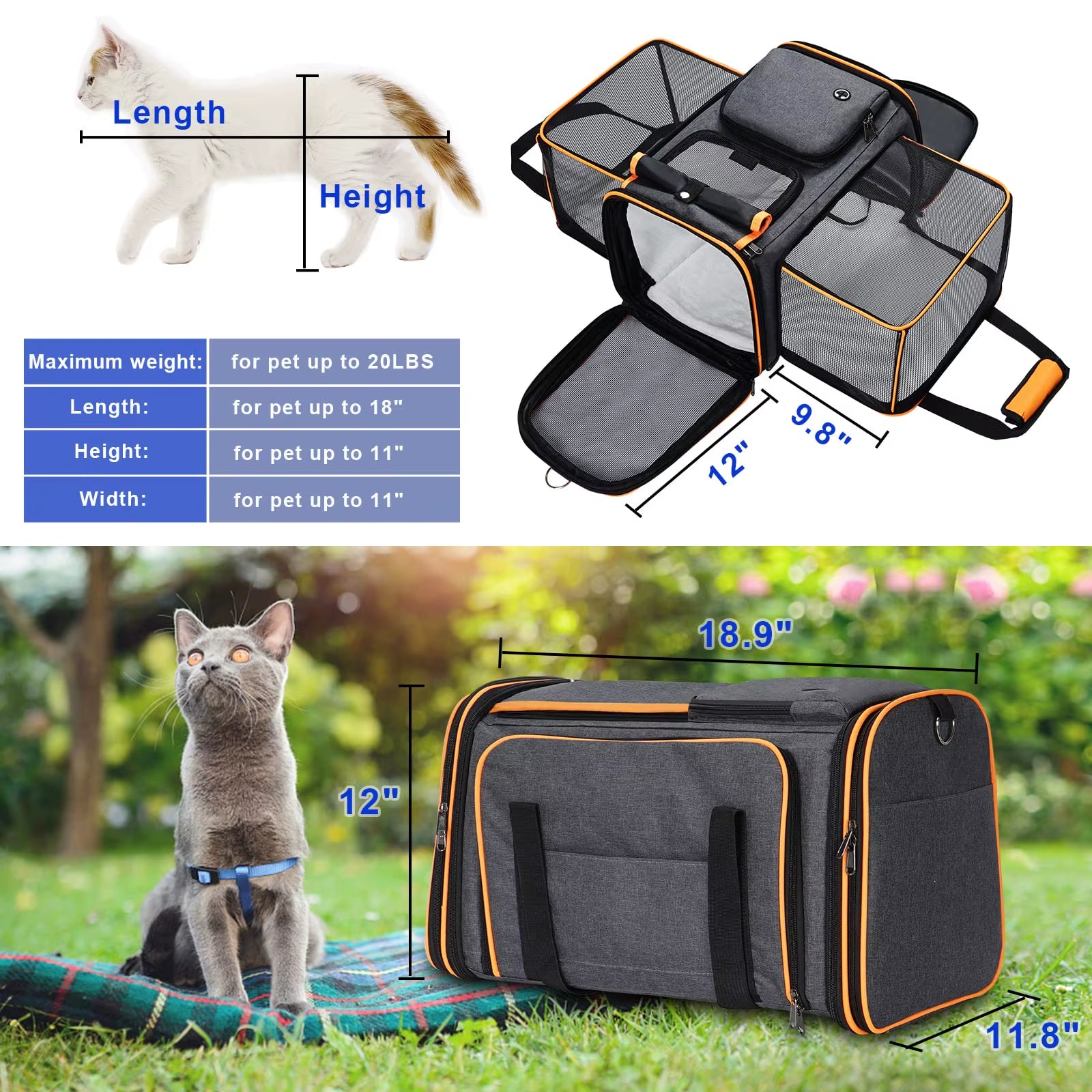 Airline Approved Expandable Soft-Sided Pet Carrier with Removable Fleece Pad and Pockets, for Cats/Puppy Travel Pet Carriers