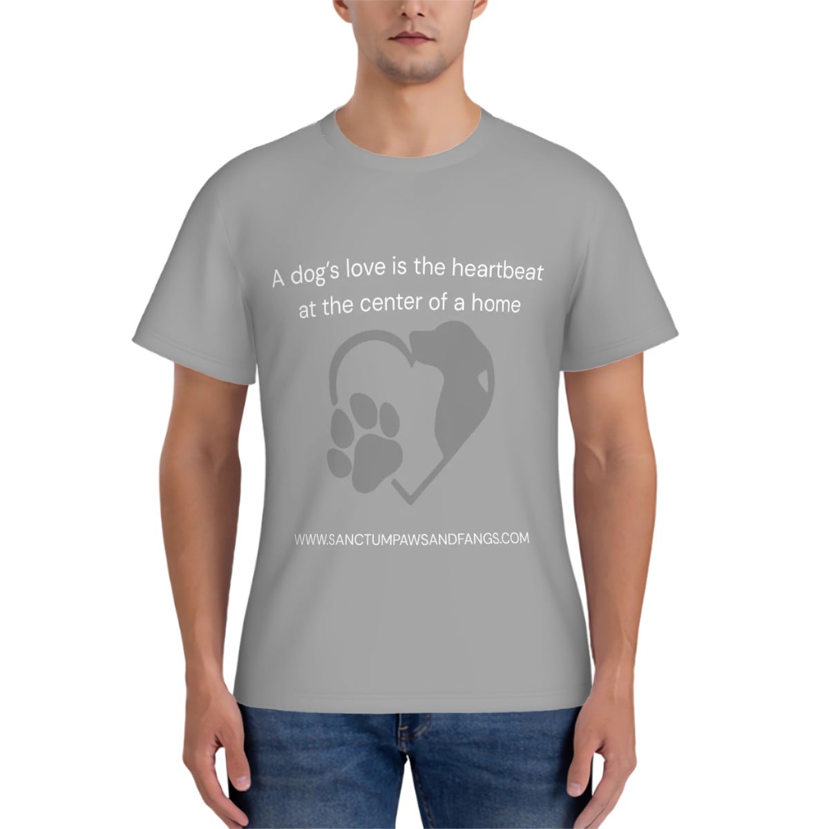 Person wearing a gray t-shirt with a heart and paw print design and text.