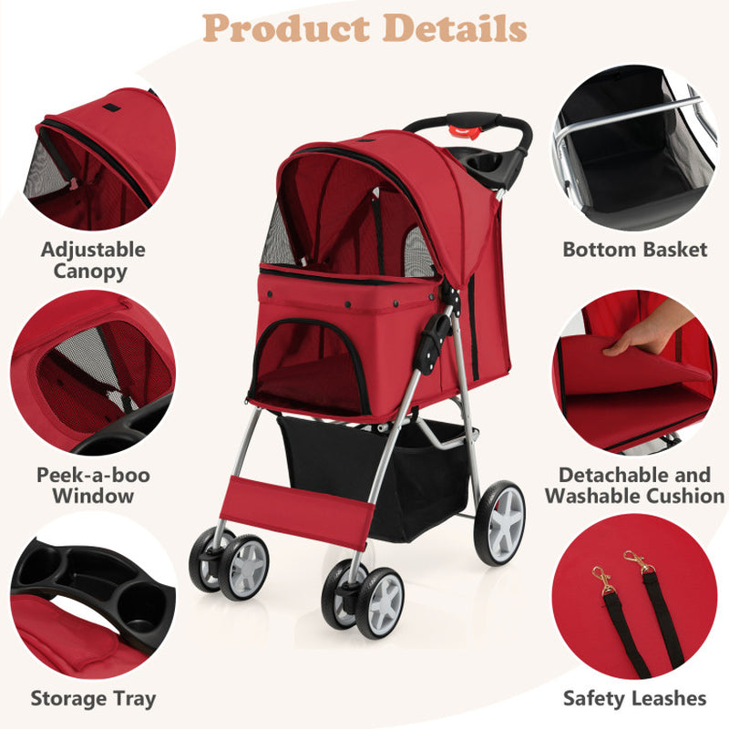Folding Pet Stroller with Storage Basket and Adjustable Canopy