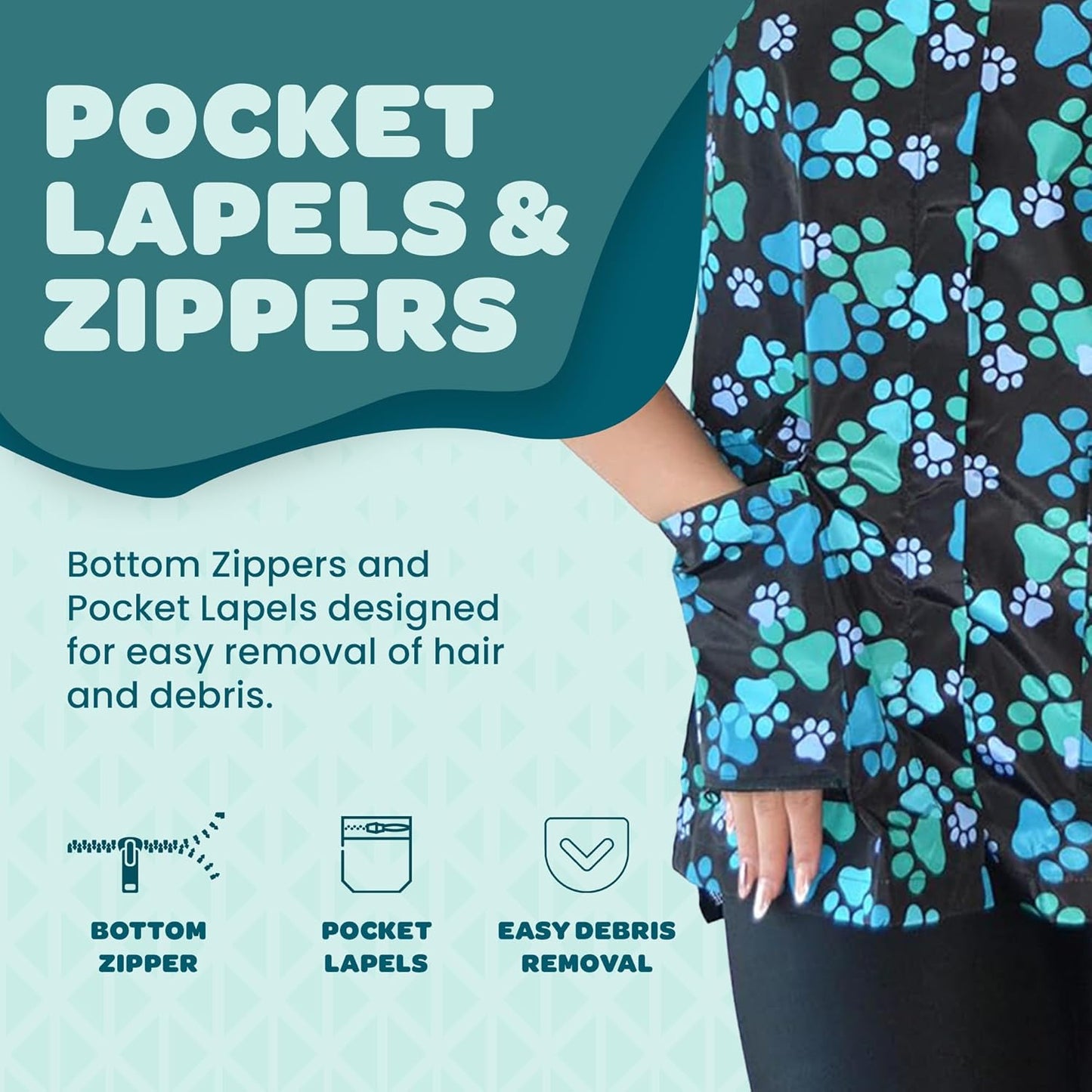 Blue Paw Print Dog Grooming Smocks for Women - Pet Groomers Jacket with Zipper Panel, Mesh Back, & Back Tie