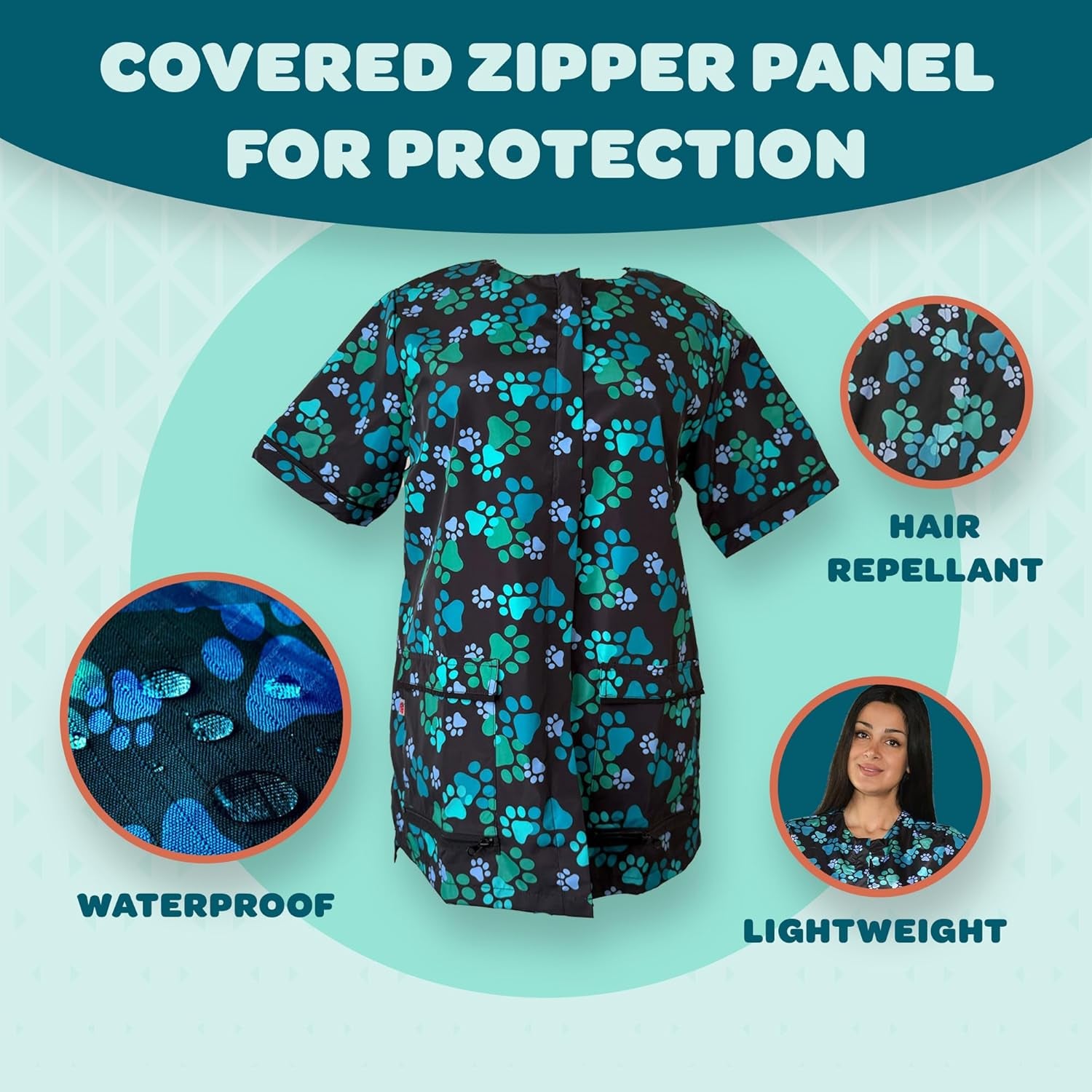 Blue Paw Print Dog Grooming Smocks for Women - Pet Groomers Jacket with Zipper Panel, Mesh Back, & Back Tie