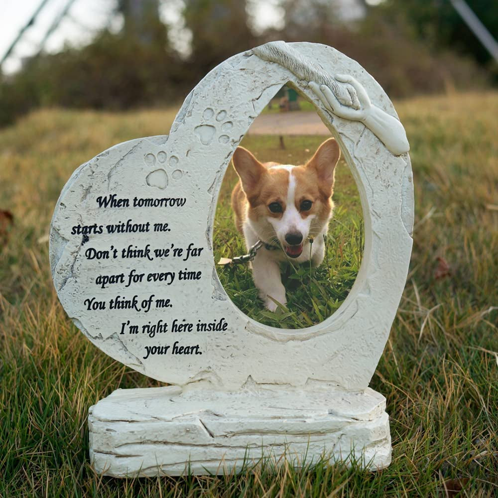 Heartfelt Heart Shaped Pet Memorial Stones with Photo Frame - Cherish Your Beloved Dog's Memory with Elegant Grave Markers for Indoor or Outdoor Use