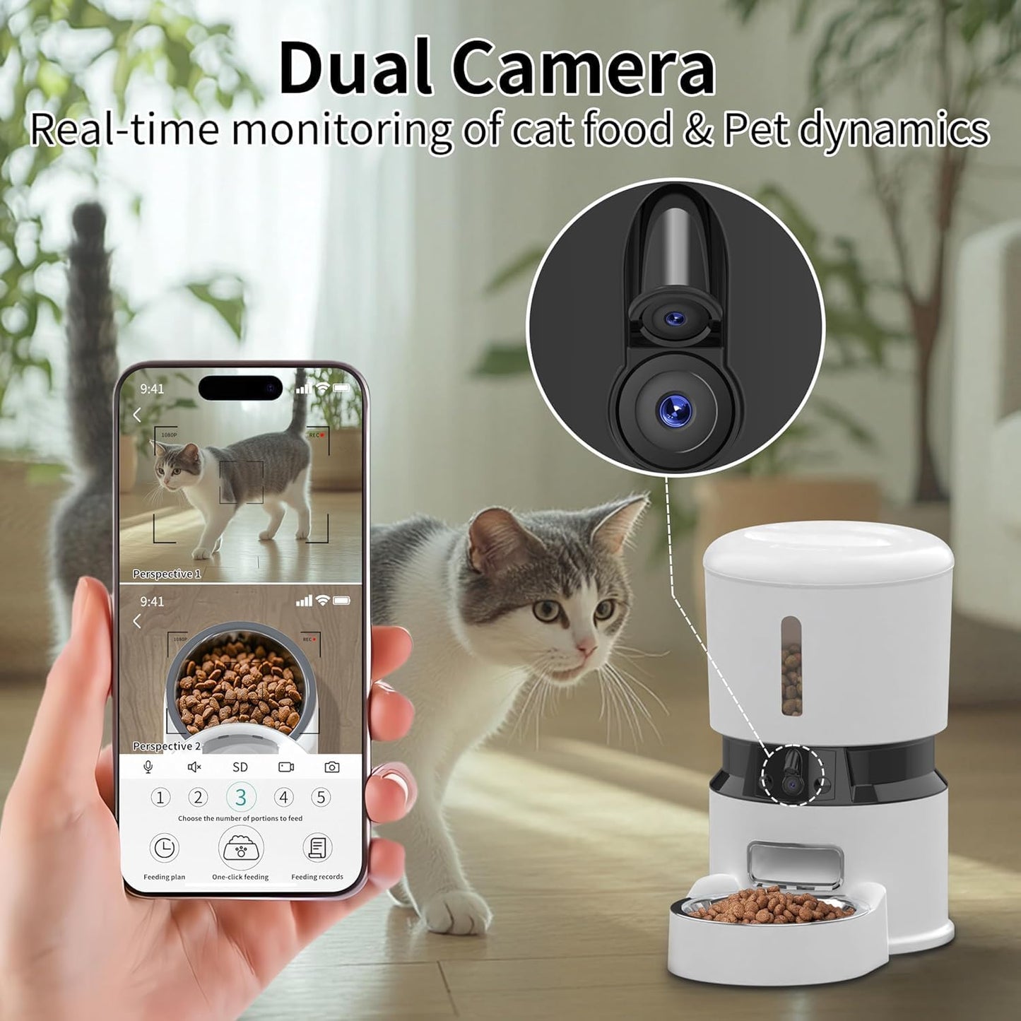 Pet feeding station with dual camera system for real-time monitoring of cat food and pet dynamics.