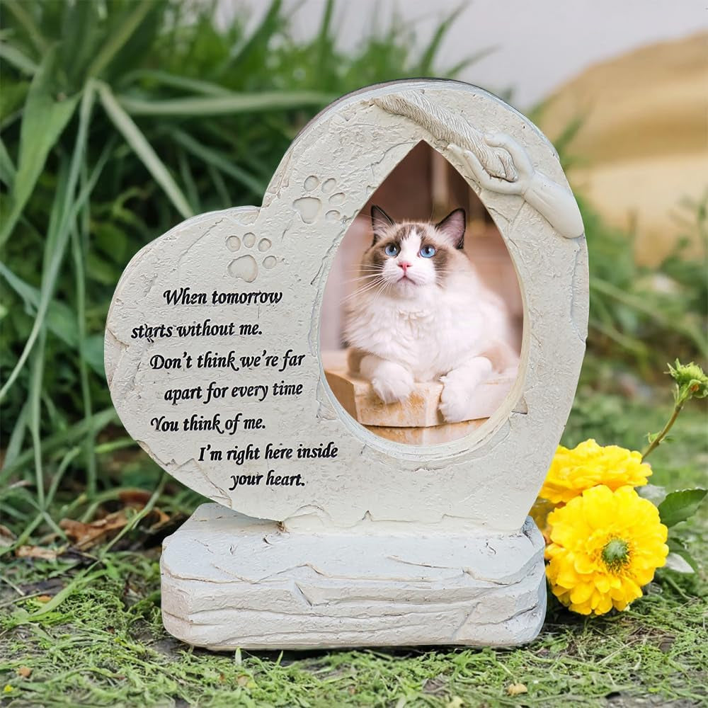 Heartfelt Heart Shaped Pet Memorial Stones with Photo Frame - Cherish Your Beloved Dog's Memory with Elegant Grave Markers for Indoor or Outdoor Use