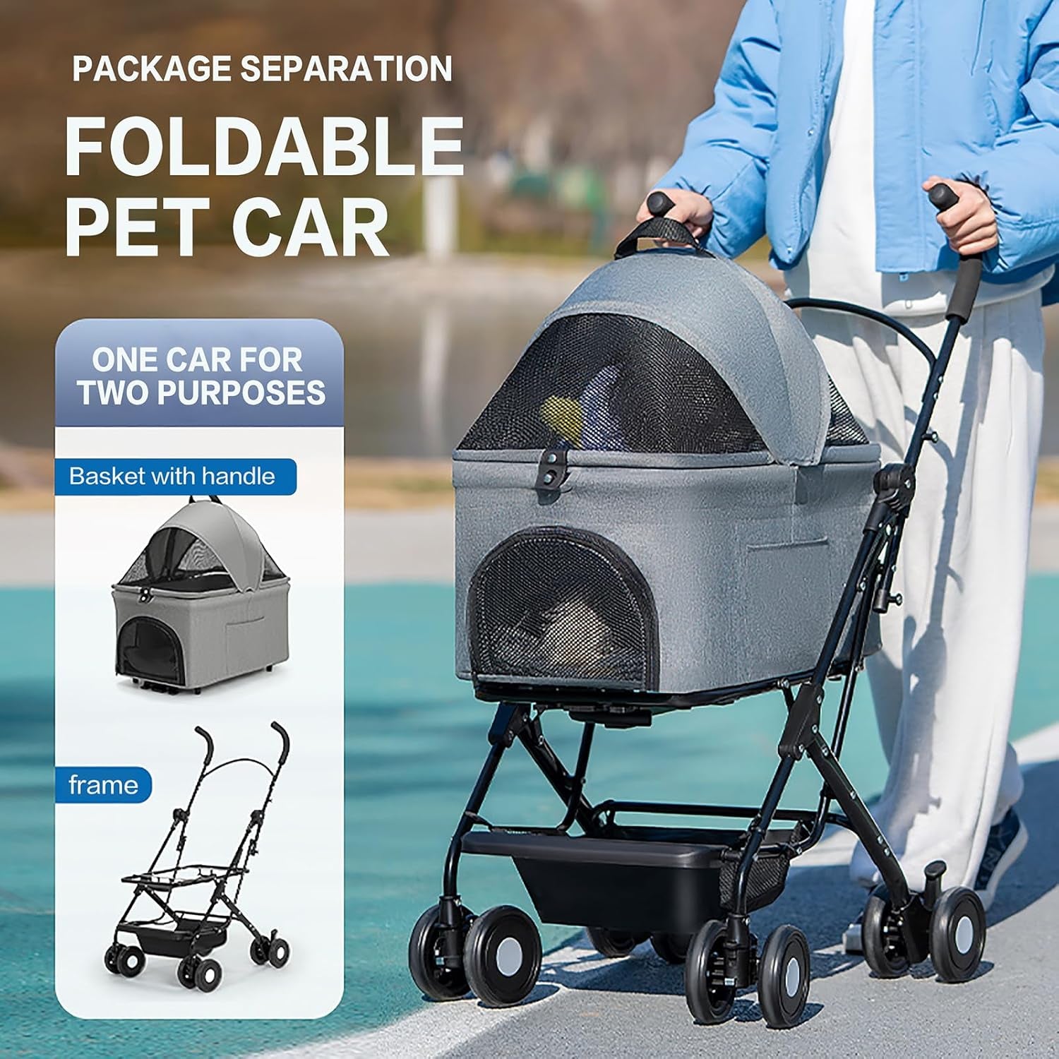 3 in 1 Dog Stroller 4 Wheels Folding Pet Stroller with Detachable Carrier Multifunction Dog Travel Carrier Portable Pet Jogging Stroller for Medium Small Dogs Cats (Blue)
