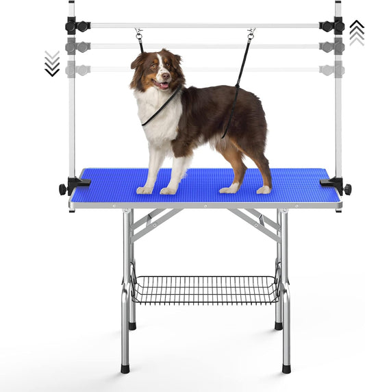 Premium 46'' Adjustable Dog Grooming Table for Large Breeds - Foldable Station with Arms, Noose & Mesh Tray, Supports Up to 300lbs - Stylish Blue Design