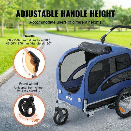 Blue bicycle trailer with adjustable handle height feature on a road with greenery.