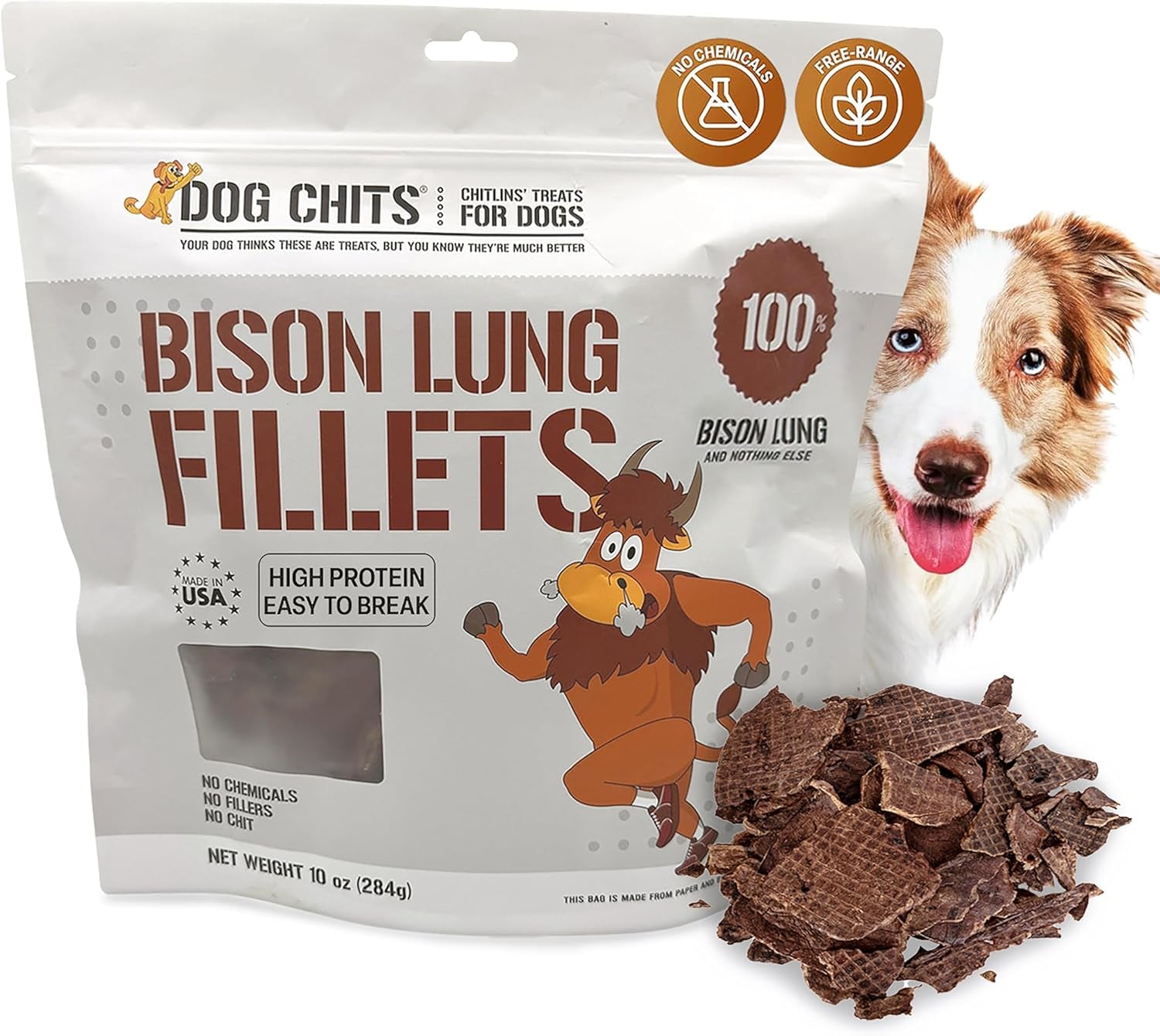 Bison Lung Fillets Dog and Puppy Treats - All Natural Grain and Chemical Free Training Chews - High Protein and Low Fat - Supports Dental Health - Made in the USA - Large 10 Oz Bag